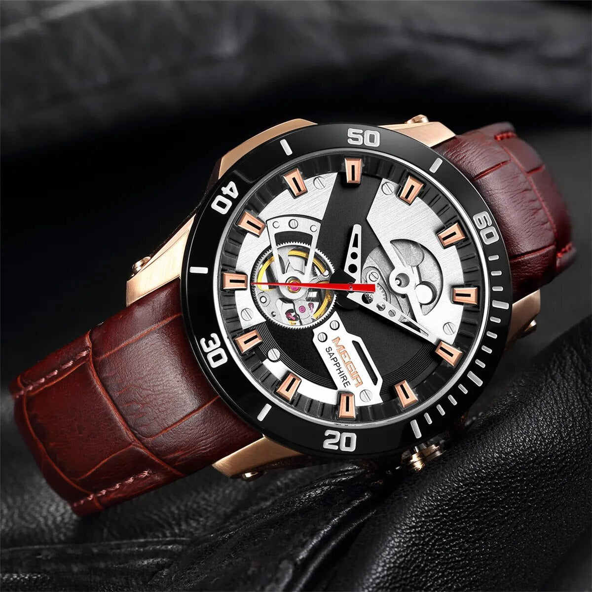 MEGIR Fashion Leather Watches for Men Sapphire Stainless Steel Automatic Mechanical Watch Sports Clock Montre Homme 62069-6