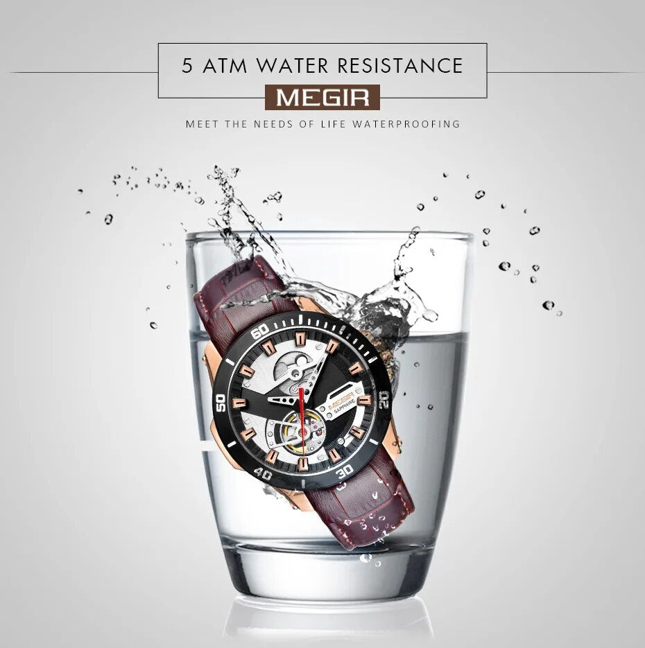 MEGIR Fashion Leather Watches for Men Sapphire Stainless Steel Automatic Mechanical Watch Sports Clock Montre Homme 62069-8