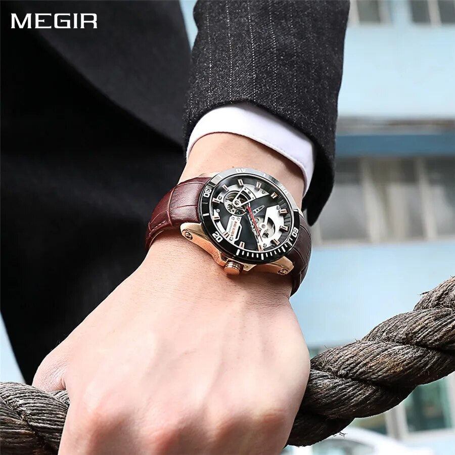 MEGIR Fashion Leather Watches for Men Sapphire Stainless Steel Automatic Mechanical Watch Sports Clock Montre Homme 62069-0