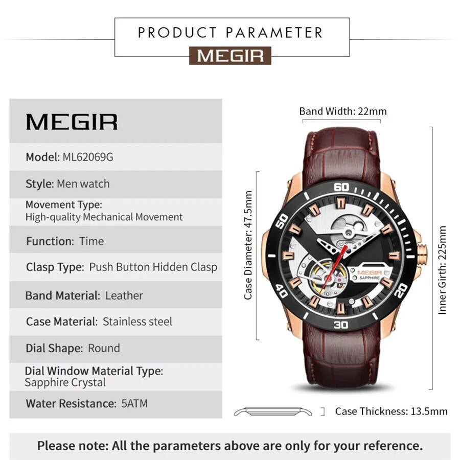 MEGIR Fashion Leather Watches for Men Sapphire Stainless Steel Automatic Mechanical Watch Sports Clock Montre Homme 62069-7