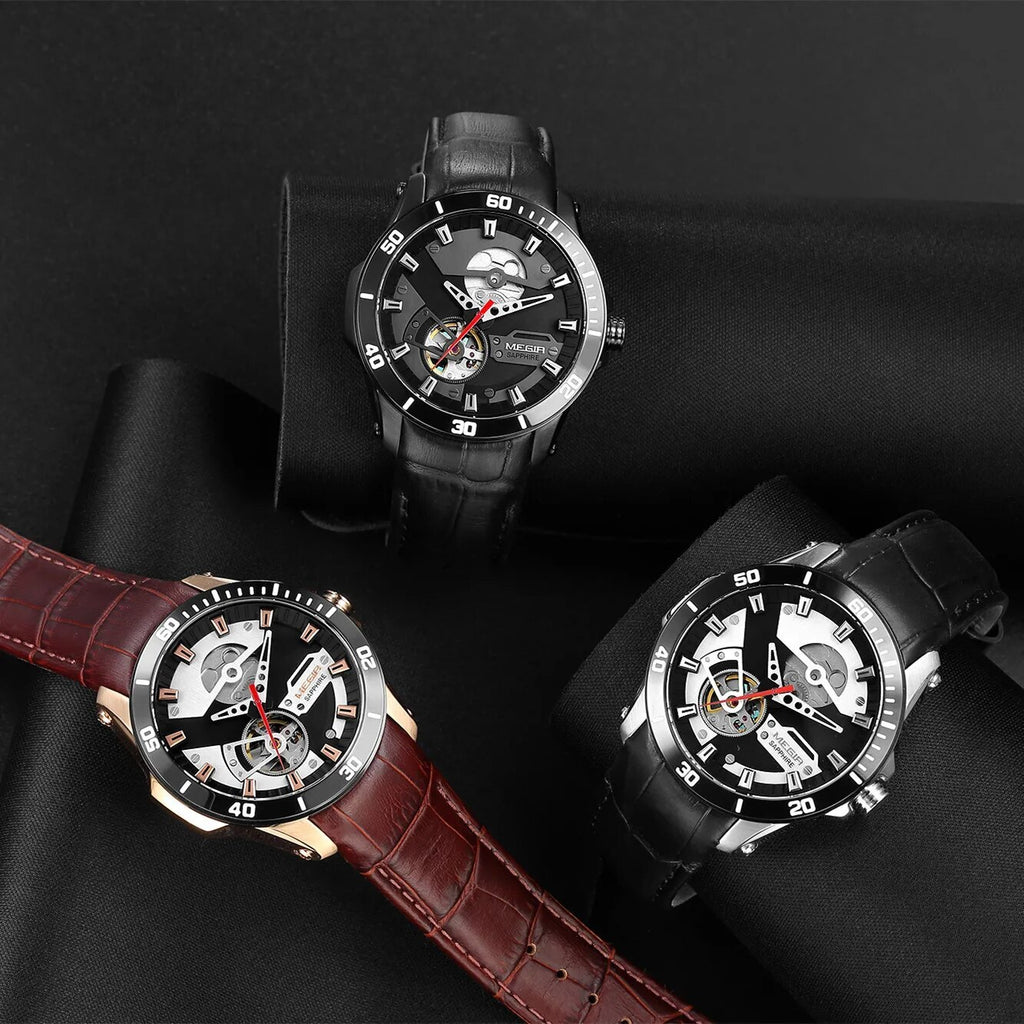 MEGIR Fashion Leather Watches for Men Sapphire Stainless Steel Automatic Mechanical Watch Sports Clock Montre Homme 62069-9