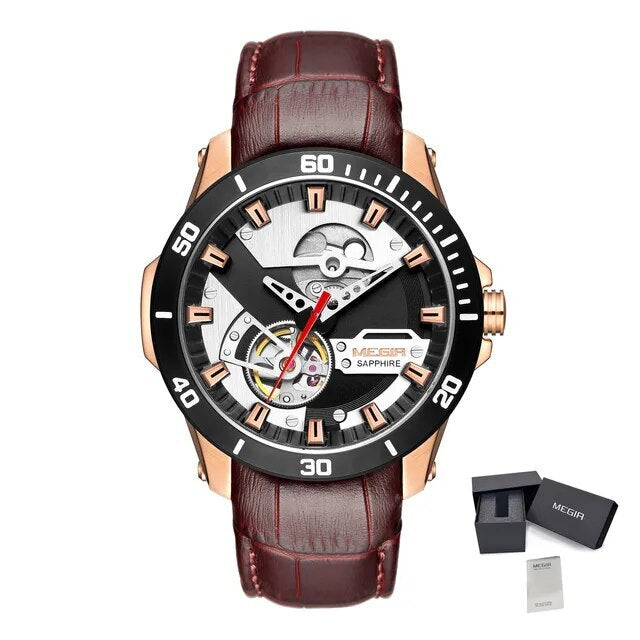 MEGIR Fashion Leather Watches for Men Sapphire Stainless Steel Automatic Mechanical Watch Sports Clock Montre Homme 62069-10