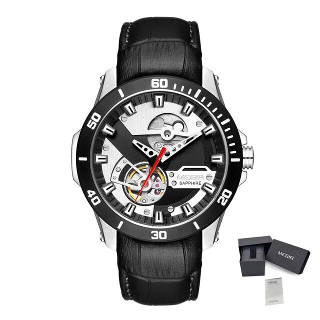 MEGIR Fashion Leather Watches for Men Sapphire Stainless Steel Automatic Mechanical Watch Sports Clock Montre Homme 62069-11