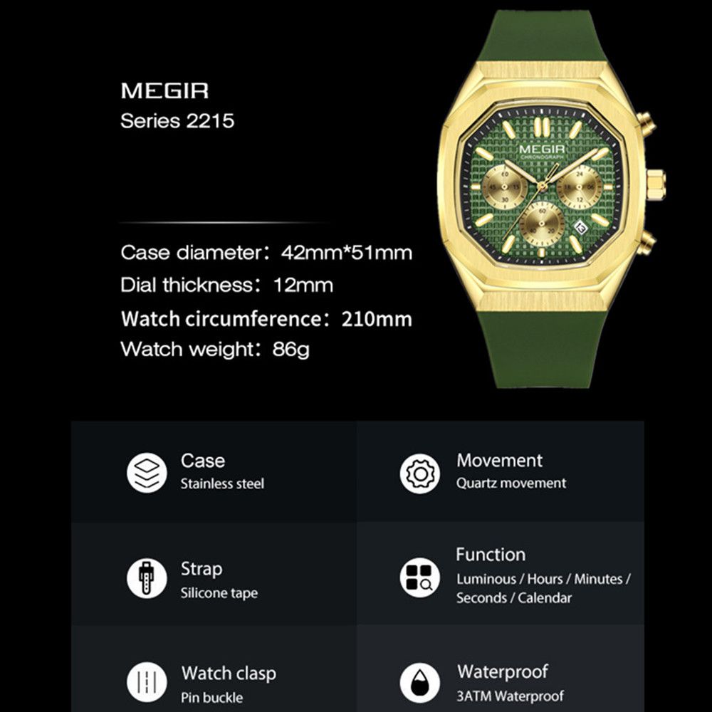 MEGIR Fashion Sport Military Watches for Men Luxury Quartz Wristwatch Silicone Strap Waterproof Date Clock 24-hour Reloj Hombre 2215-9