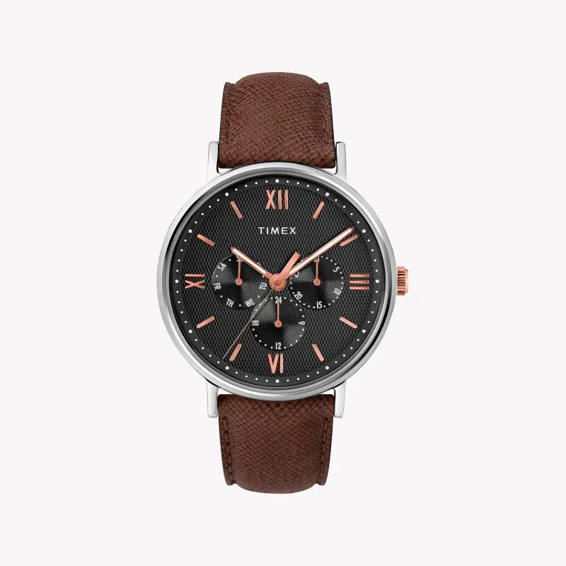 Timex Men's Brown Leather Watch, Black Dial | Tw2t35000-0